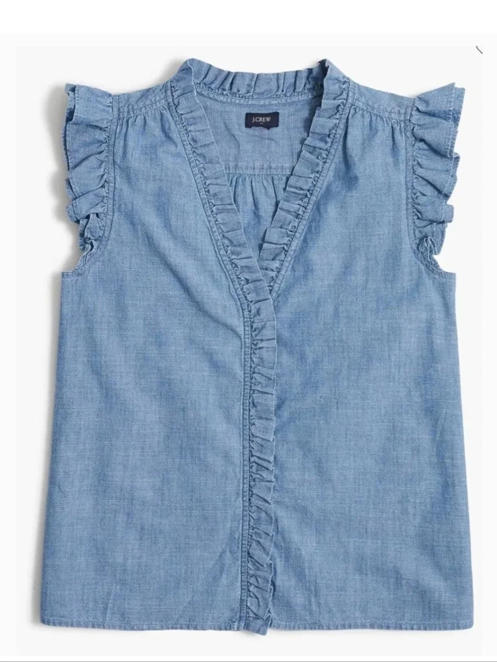 J Crew Blue Chambray Sleeveless Ruffle Top Boho Festival Preppy Quiet Luxury S
